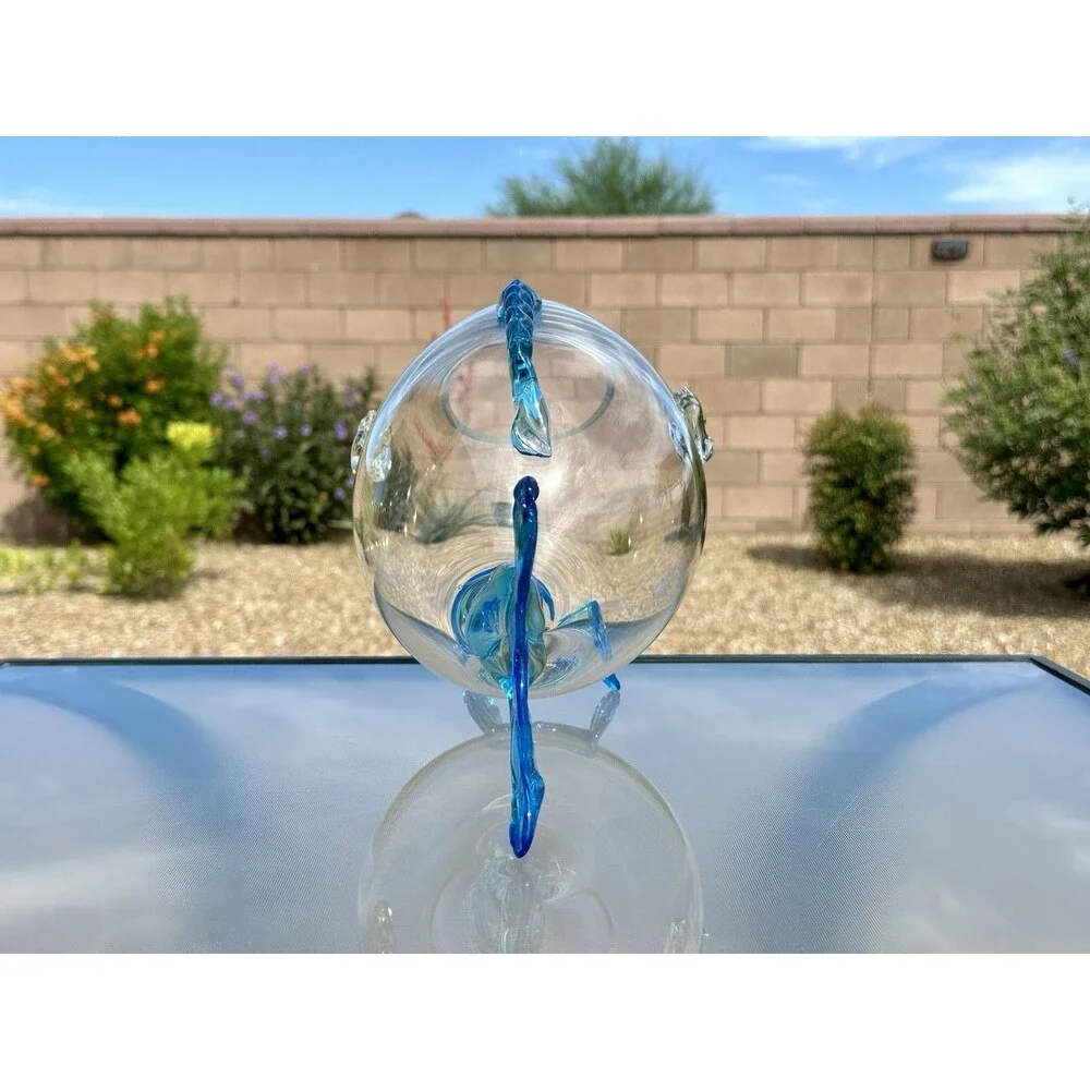 Vintage MCM Blenko Art Glass Fish Shape Sculpture Vase Bowl Clear Aqua Blue 14